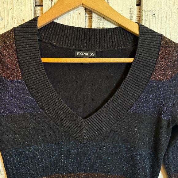 Express V-Neck Glitter Black Striped Sweater Women’s Size XS Multi-Color Festive - Picture 3 of 10